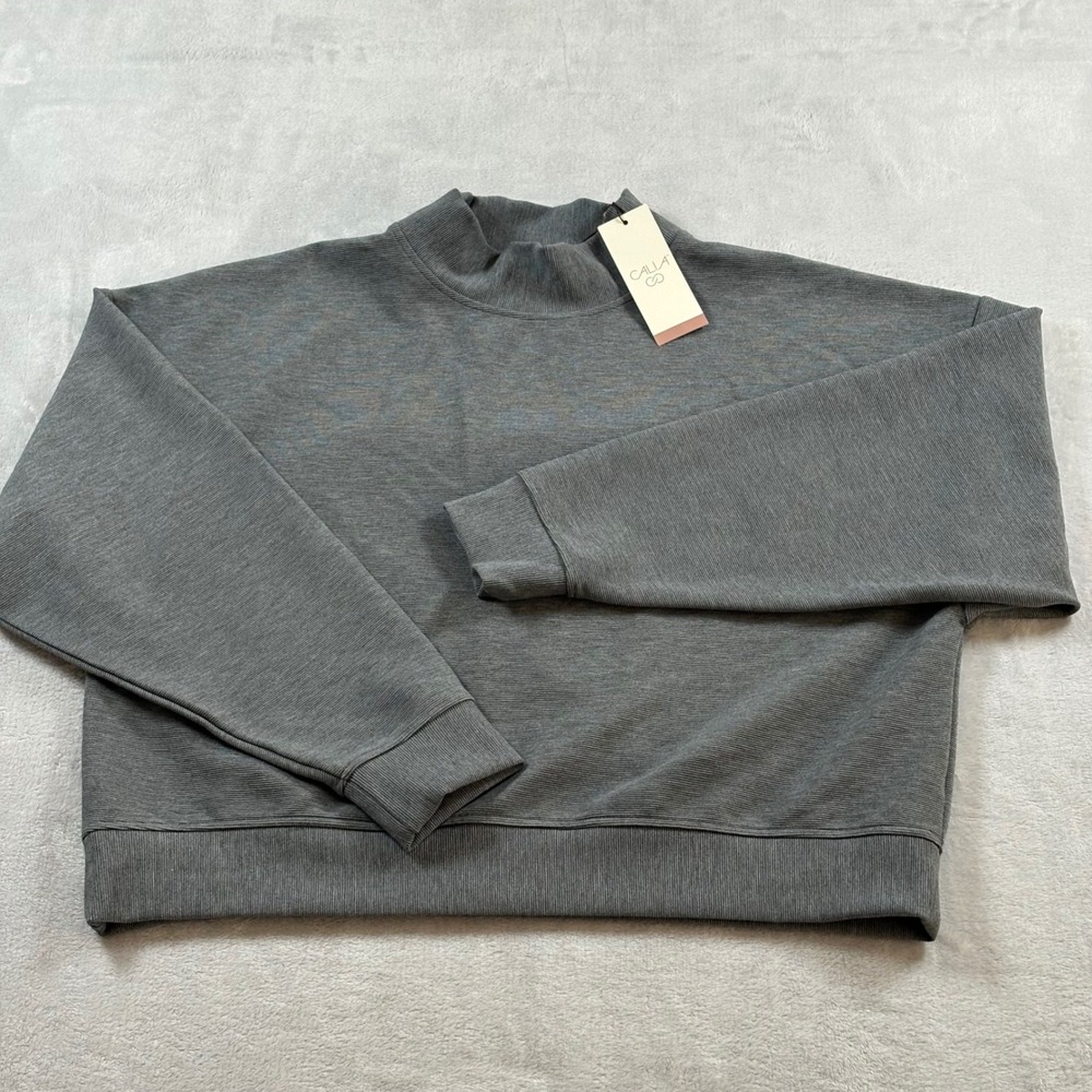 CALIA Wedge Funnel Pullover Dark Heather Grey Textured Sweatshirt Womens L NEW